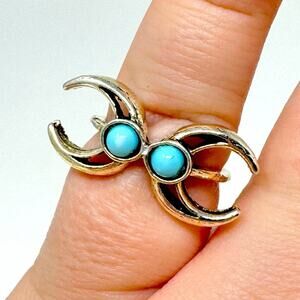 Silver Faux Turquoise Double Crescent Moon Witchy Boho Ring NEW